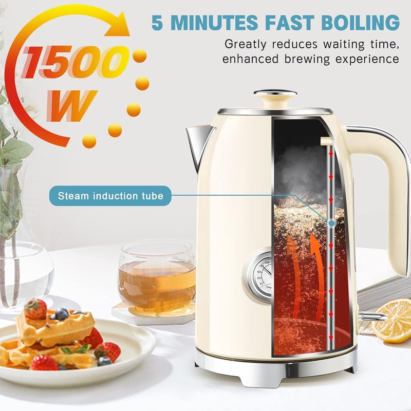 susteas Electric Kettle - 57oz Hot Tea Kettle Water Boiler with Thermometer, 1500W Fast Heating Stainless Steel Tea Pot, Cordless with LED Indicator, Auto Shut-Off & Boil Dry Protection, Beige - Image 4